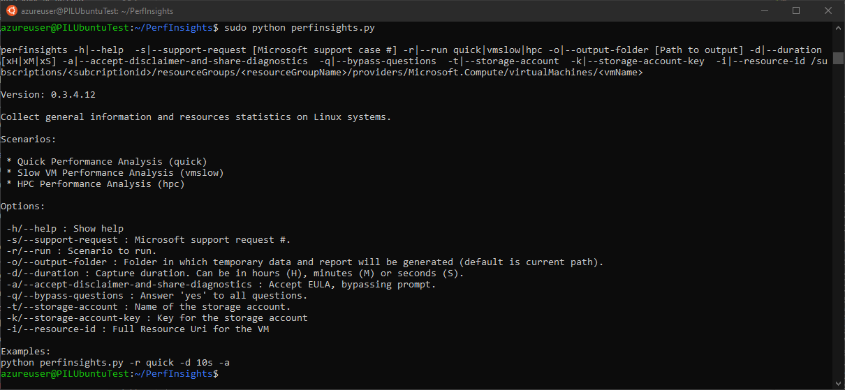 PerfInsights Linux コマンド ライン出力のスクリーンショット。