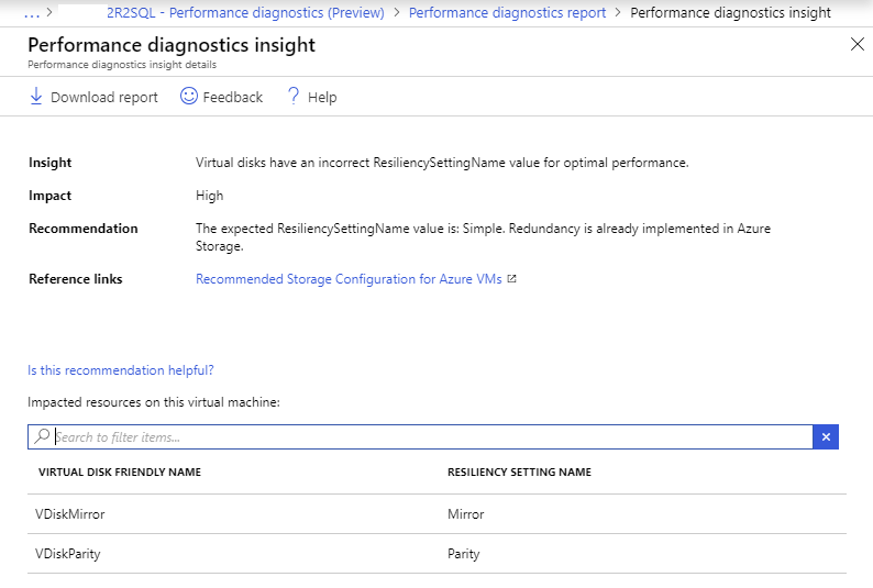 パフォーマンス診断の分析情報の詳細のスクリーンショット。