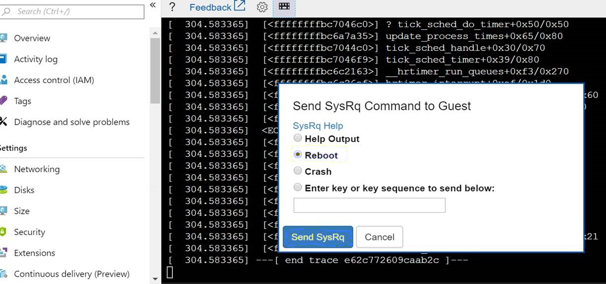 [SysRq コマンドをゲストに送信] ダイアログの [再起動] オプションのスクリーンショット。