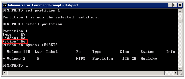 パーティション 1 が選択されているがアクティブではないことを示す diskpart 出力のスクリーンショット。