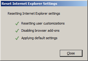 [Internet Explorer の設定のリセット] 出力のスクリーンショット。