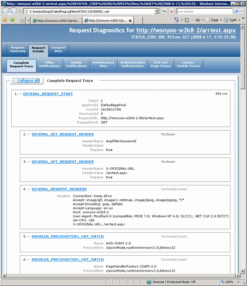 Web サイトの例の要求診断をタブに示すブラウザー ウィンドウのスクリーンショット。