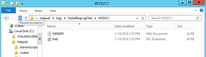 失敗した Req ログ ファイル ディレクトリの W 3 S V C 1 フォルダーのスクリーンショット。
