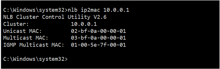 NLB IP2MAC ツールは、特定のクラスター IP の MAC アドレスの一覧を生成します。