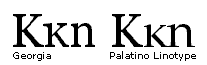 Screenshot that shows the Greenlandic lowercase kra in between the capital letter K and lowercase N in Georgia and Palatino Linotype.