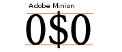 Screenshot that shows a dollar sign in between 2 zeros in Adobe Minion. Top and bottom alignment are indicated.