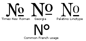 Screenshot that shows the numero mark in Times New Roman, Georgia, Palatino Linotype, and the Common French usage.