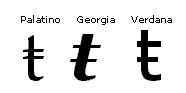 Screenshot that shows a lowercase T with a stroke in Palatino, Georgia, and Verdana fonts.