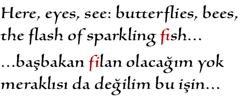 English and Turkish text. In the English text, 'fi' is substituted with a ligature glyph. In the Turkish text, no ligature is formed.