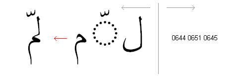 An Arabic sequence with a letter, a mark, then another letter. The two letters form a ligature, and the mark is positioned on the ligature.
