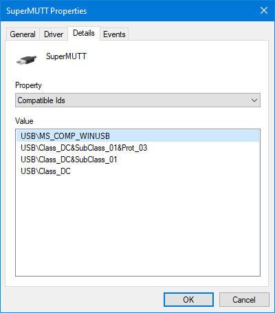 SuperMUTT WinUSB デバイスのデバイス マネージャーからの互換性のある ID