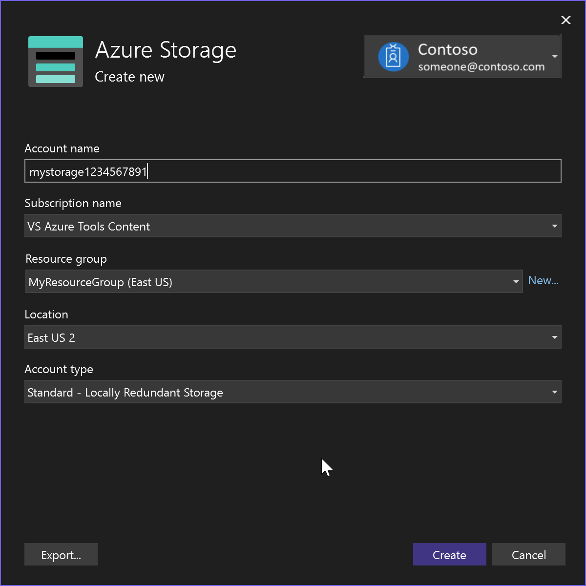 新しい Azure Storage アカウント。