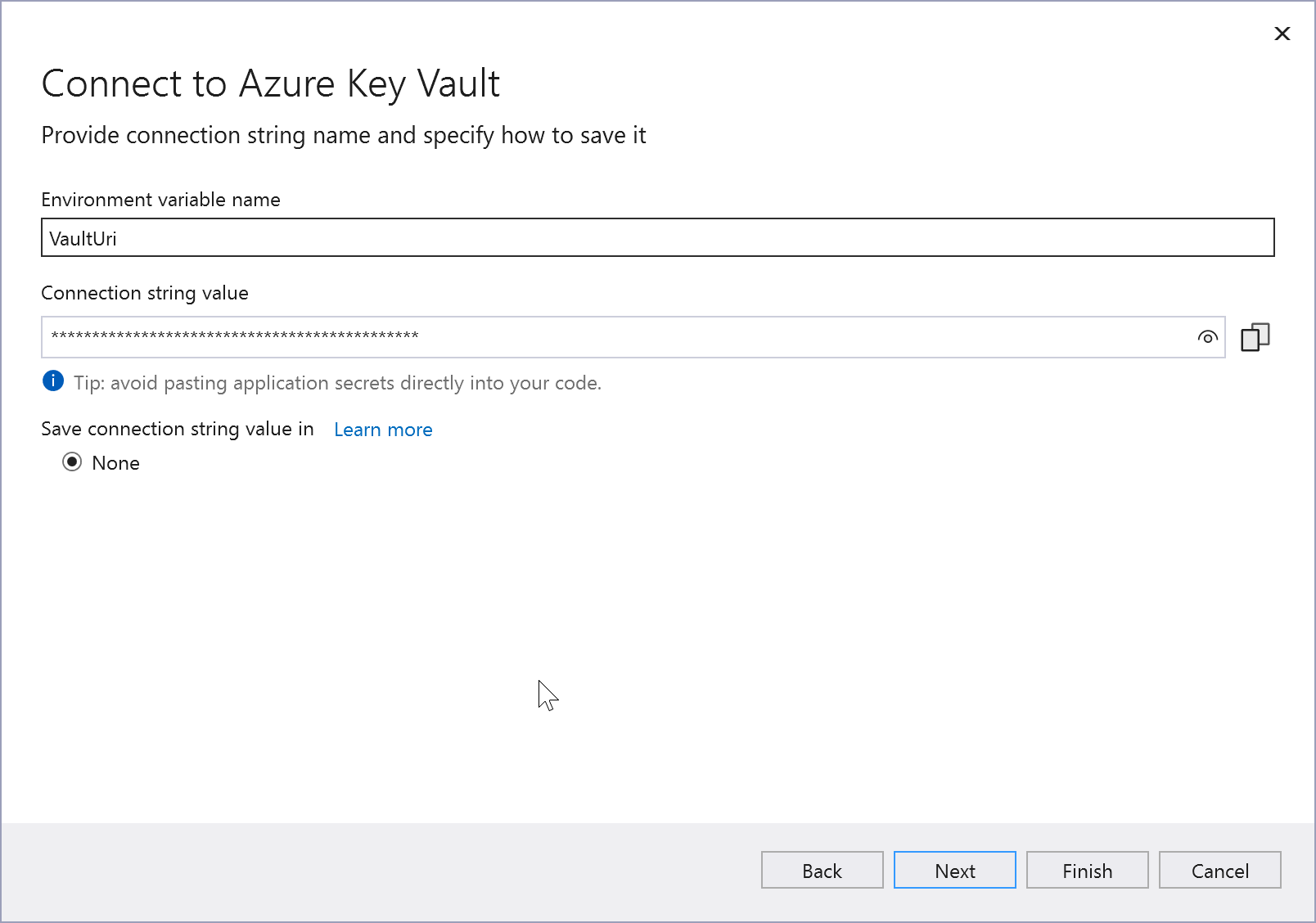 [Connect to Azure Key Vault] (Azure Key Vault への接続) 画面のスクリーンショット。