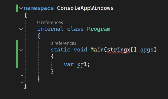 Visual Studio でのコード エディターの波線