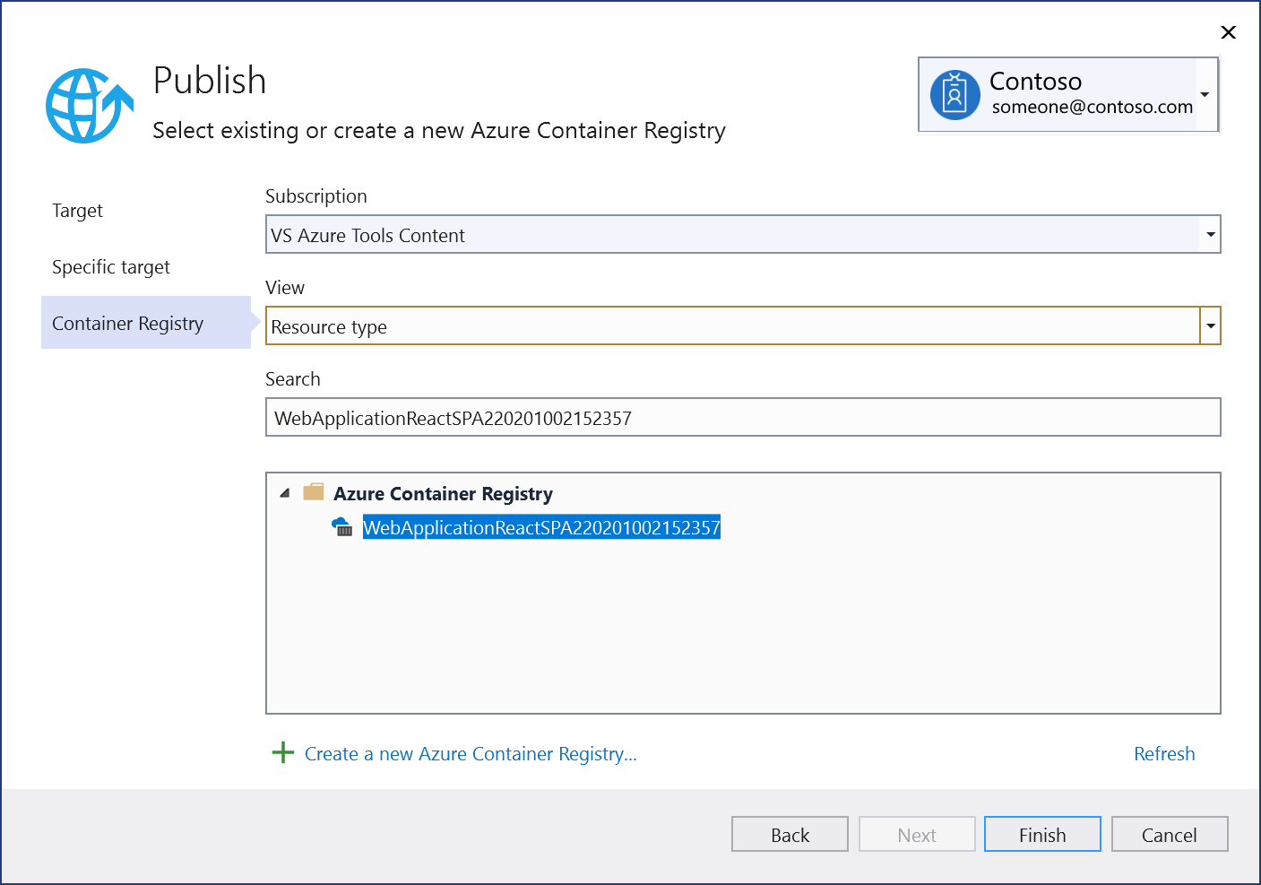 既存の Azure Container Registry の選択または新しい Azure Container Registry の作成を行っている様子のスクリーンショット。