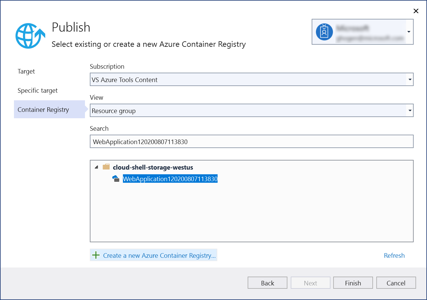 発行ダイアログのスクリーンショット。作成した Azure Container Registry を確認できます。