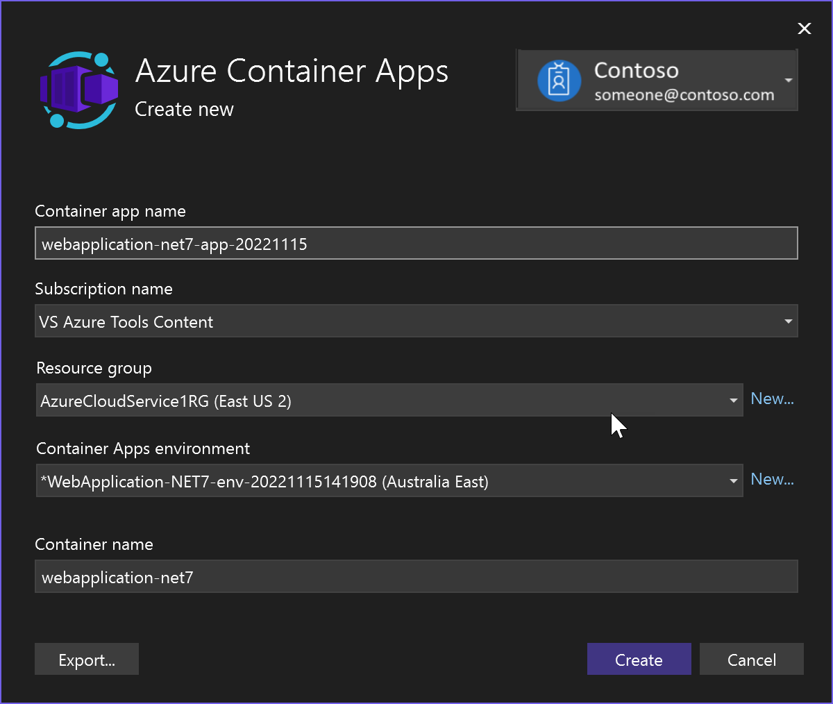 新しい Azure Container App の作成を示すスクリーンショット。
