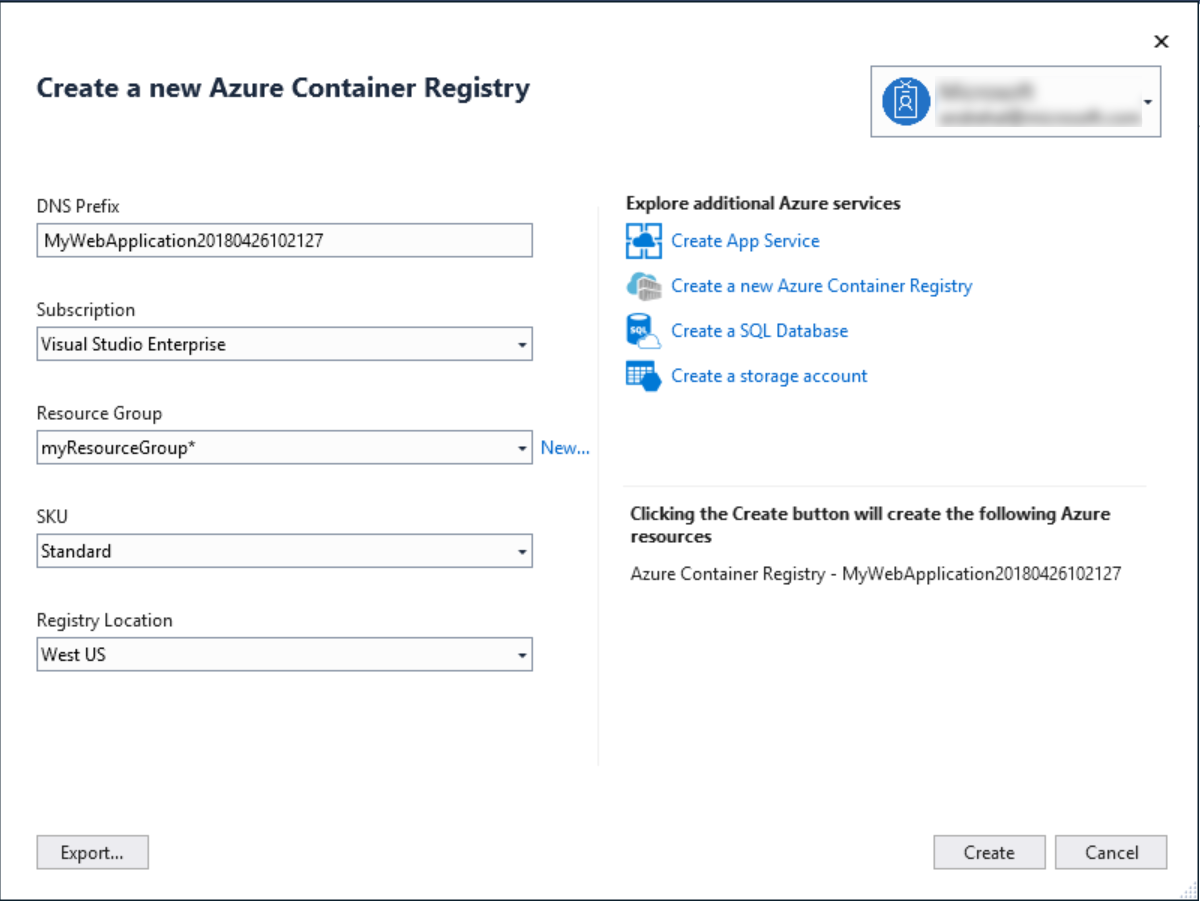 Visual Studio の Azure Container Registry を作成するダイアログのスクリーンショット。