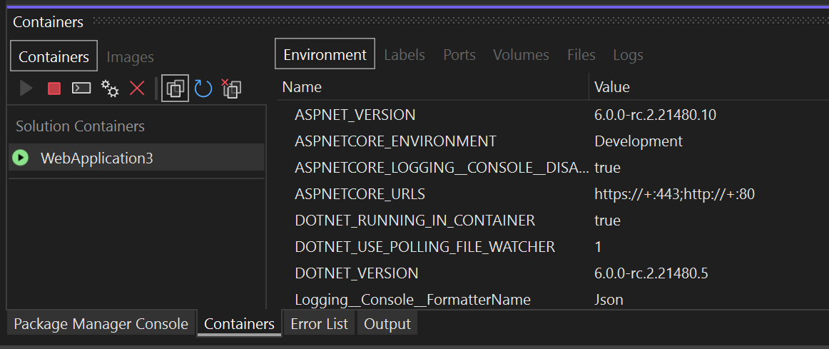 Visual Studio の [コンテナー] ウィンドウのスクリーンショット。左側のペインでコンテナーが選択され、右側のペインで [環境] タブが選択されています。