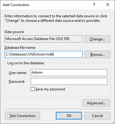 Access データベース ファイルへの接続を追加