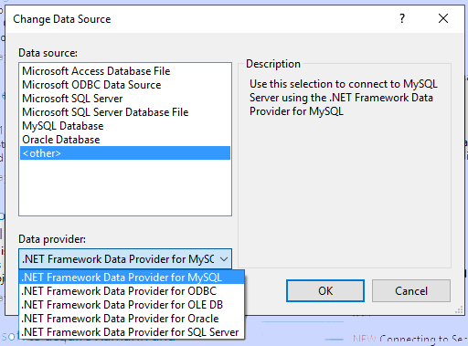 ADO.NET データ プロバイダの変更方法を示すスクリーンショット。