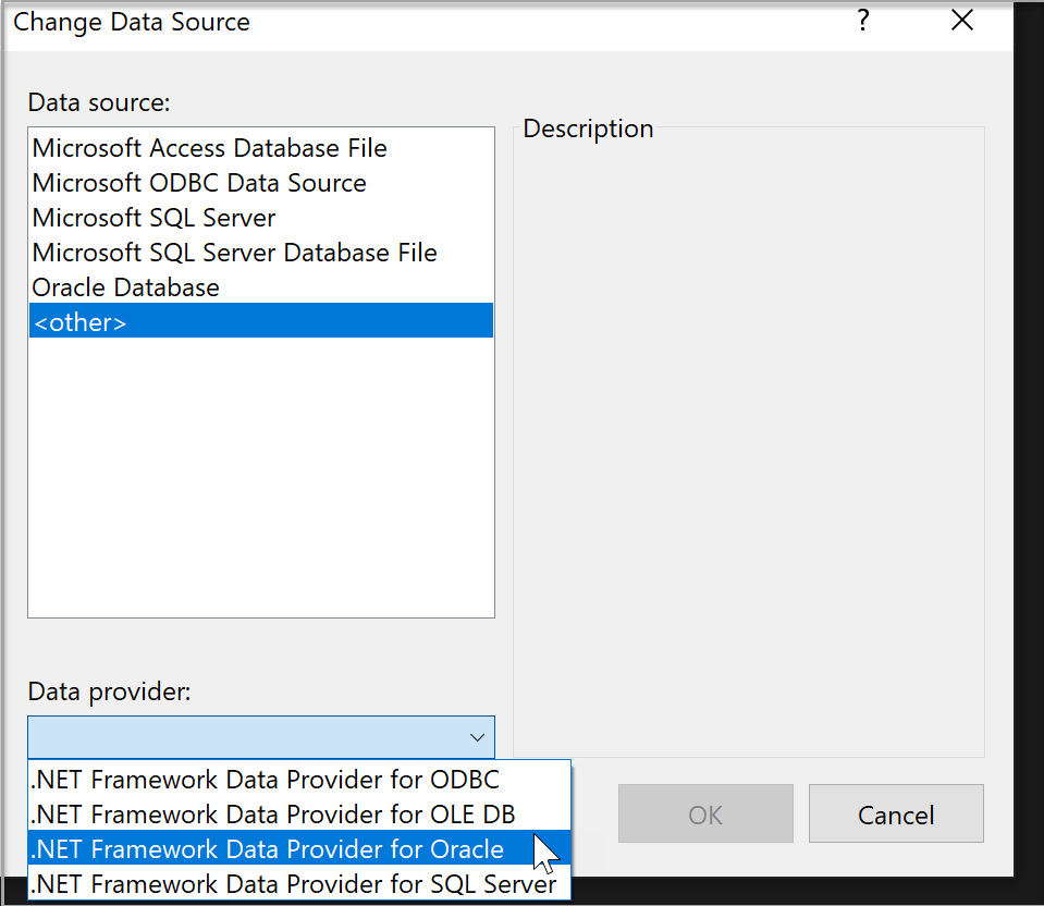 ADO.NET データ プロバイダの変更方法を示すスクリーンショット。