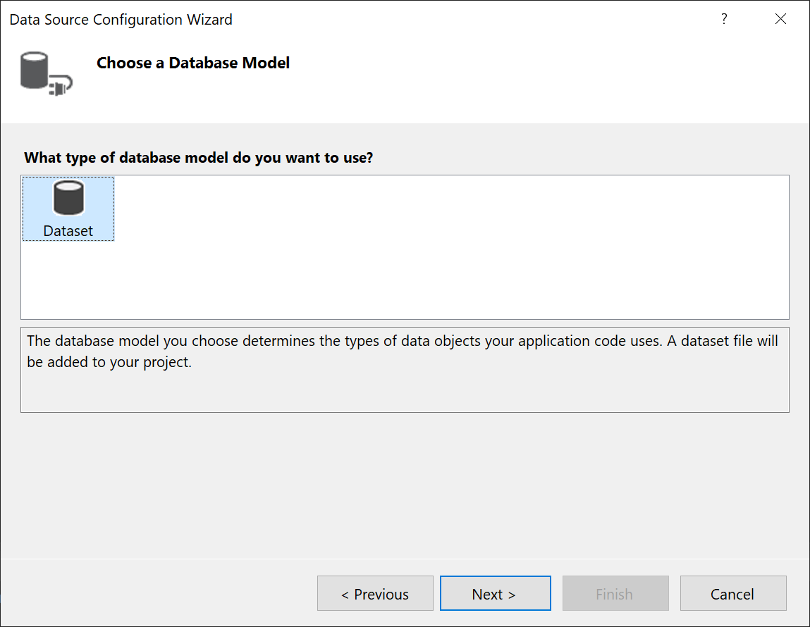 データベース モデルとして DataSet が選択されていることを示すスクリーンショット。