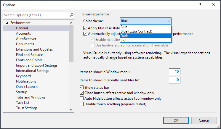 Visual Studio での濃色への配色テーマの変更を示すスクリーンショット。