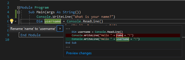 Visual Studio の [名前の変更] アクションを示すスクリーンショット。