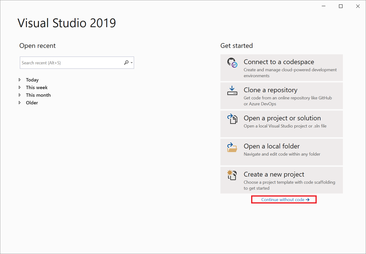 [コードなしで続行] リンクが強調表示されている Visual Studio 2019 のスタート ウィンドウのスクリーンショット。
