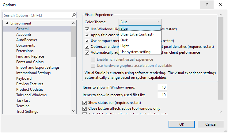 Visual Studio での青への配色テーマの変更を示すスクリーンショット。