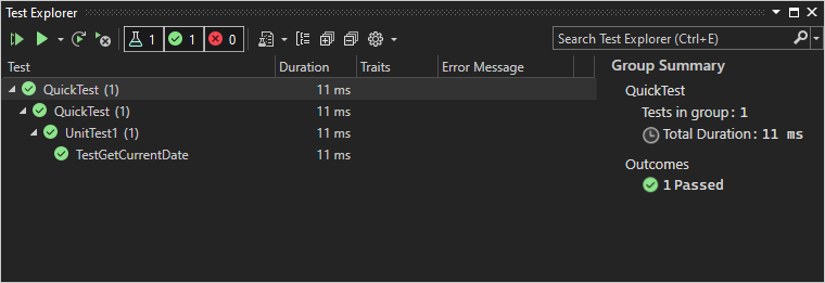 Screenshot of the Test Explorer in Visual Studio showing that the TestGetCurrentDate test passed.