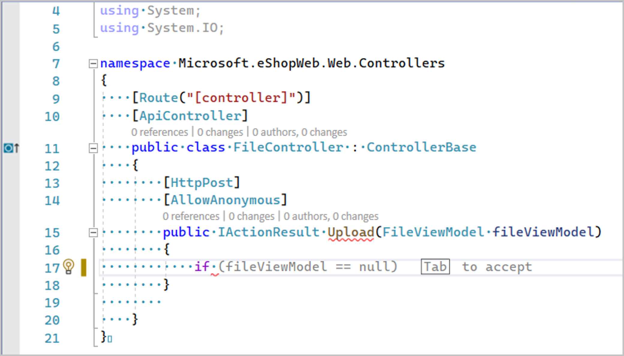 Visual Studio の IntelliCode による行全体の入力候補のスクリーンショット。