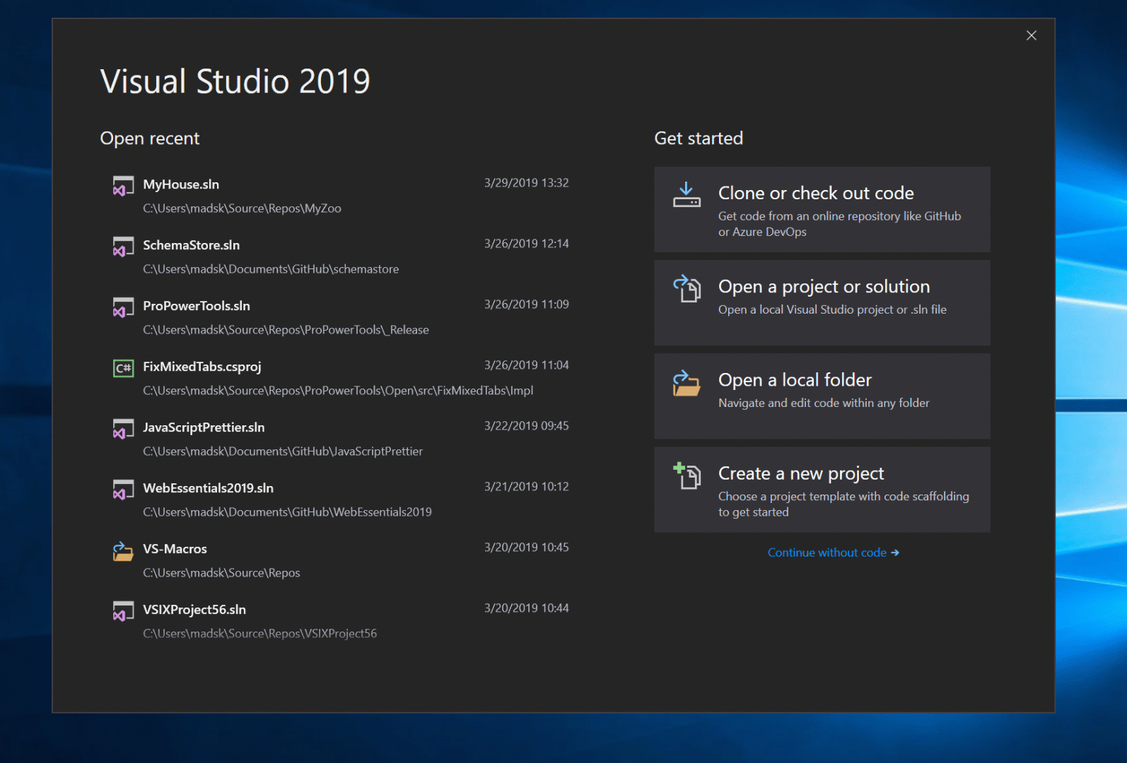 An animation of the 'Git-first' experience in Visual Studio 2019