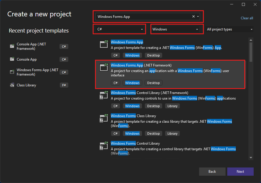 Screenshot to select the C# template for the Windows Forms App (.NET Framework).