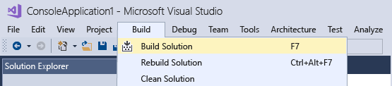 Screenshot of the Visual Studio build project menu selection.