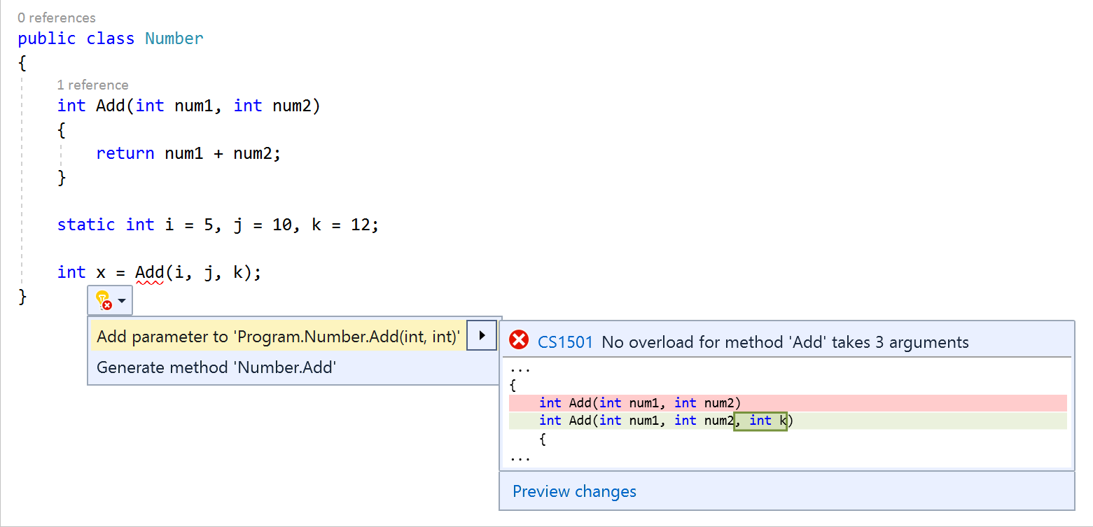 メソッドにパラメーターを追加するクイック アクション Visual Studio Microsoft Docs