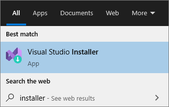 [スタート] メニューでの Visual Studio インストーラーの検索結果を示すスクリーンショット。