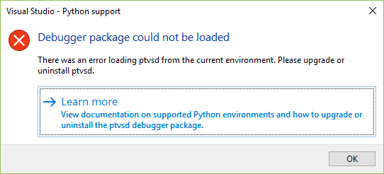 Debugger package could not be loaded error when using the debugger