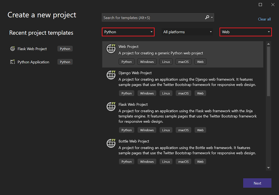 New project dialog for web apps