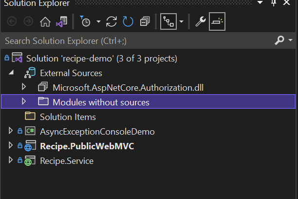 ソリューション エクスプローラーの [外部ソース] ノードでは、C++ がサポートされます