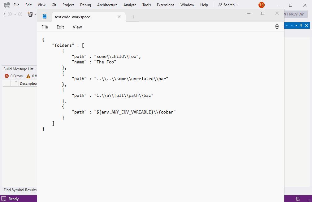 Visual Studio の開いている複数のフォルダー機能を示す画像