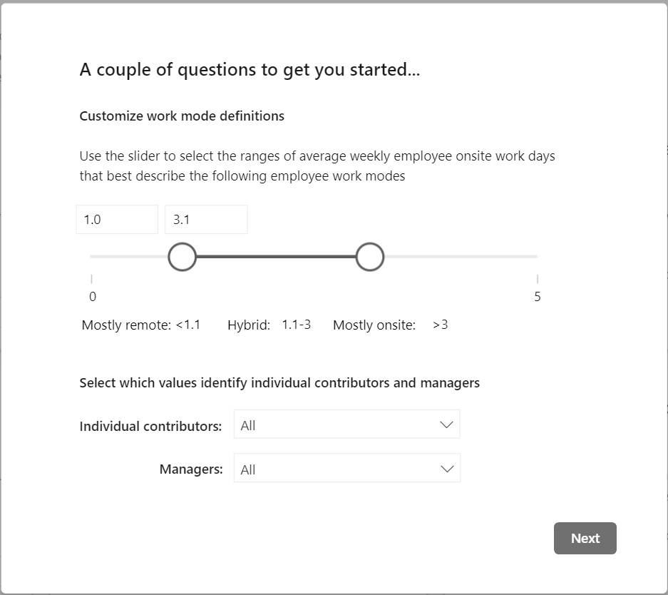Screenshot of pop-up window in Power BI prompting users to assign onsite days to attributes and values to Individual contributors and Managers