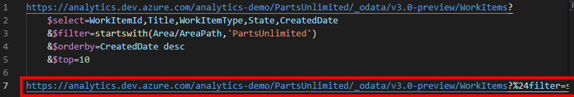 Visual Studio Code OData 拡張機能が 1 行クエリに結合されたことを示すスクリーンショット。