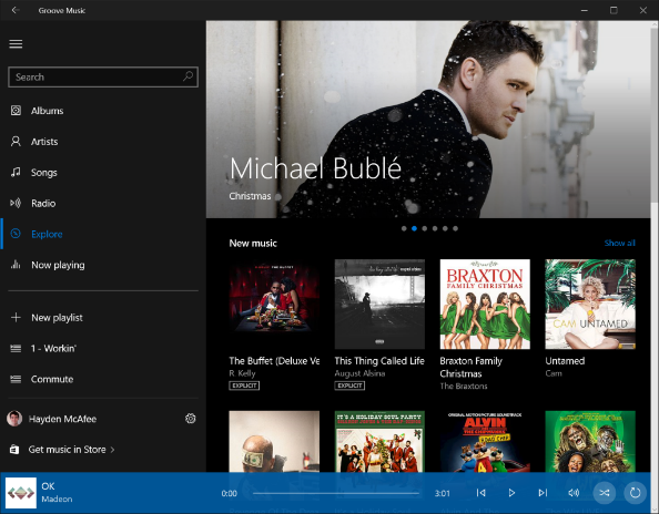 Groove Music application shown in dark mode