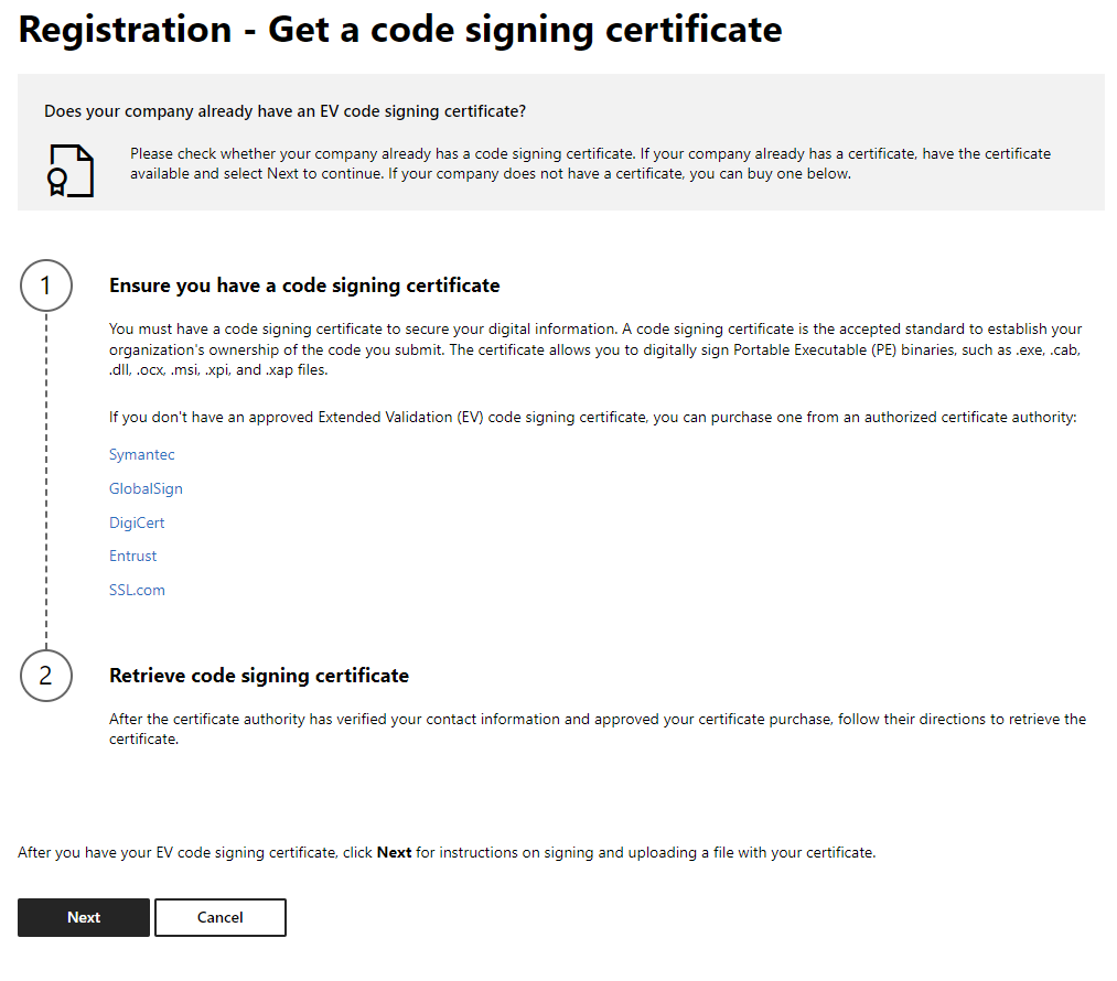 ハードウェア開発者プログラム登録プロセスの [コード署名証明書の取得] セクションのスクリーンショット。