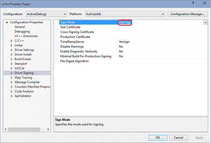 署名モード設定が強調表示されている、Visual Studio のエコー プロパティ ページのスクリーンショット。