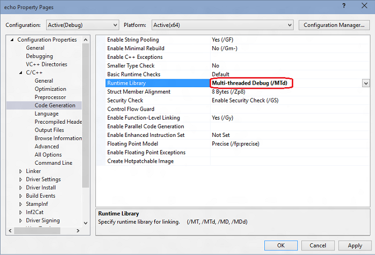 ランタイム ライブラリ設定が強調表示されている、Visual Studio のエコー プロパティ ページのスクリーンショット。