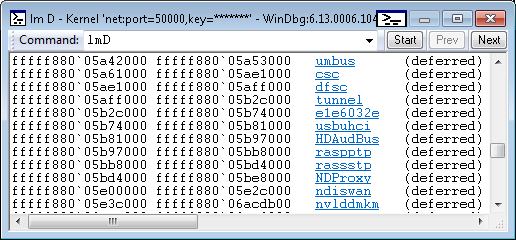 Screenshot of lmD command output in debugger.