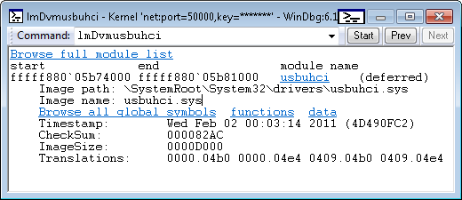 Screenshot of usbuhci module details in debugger.